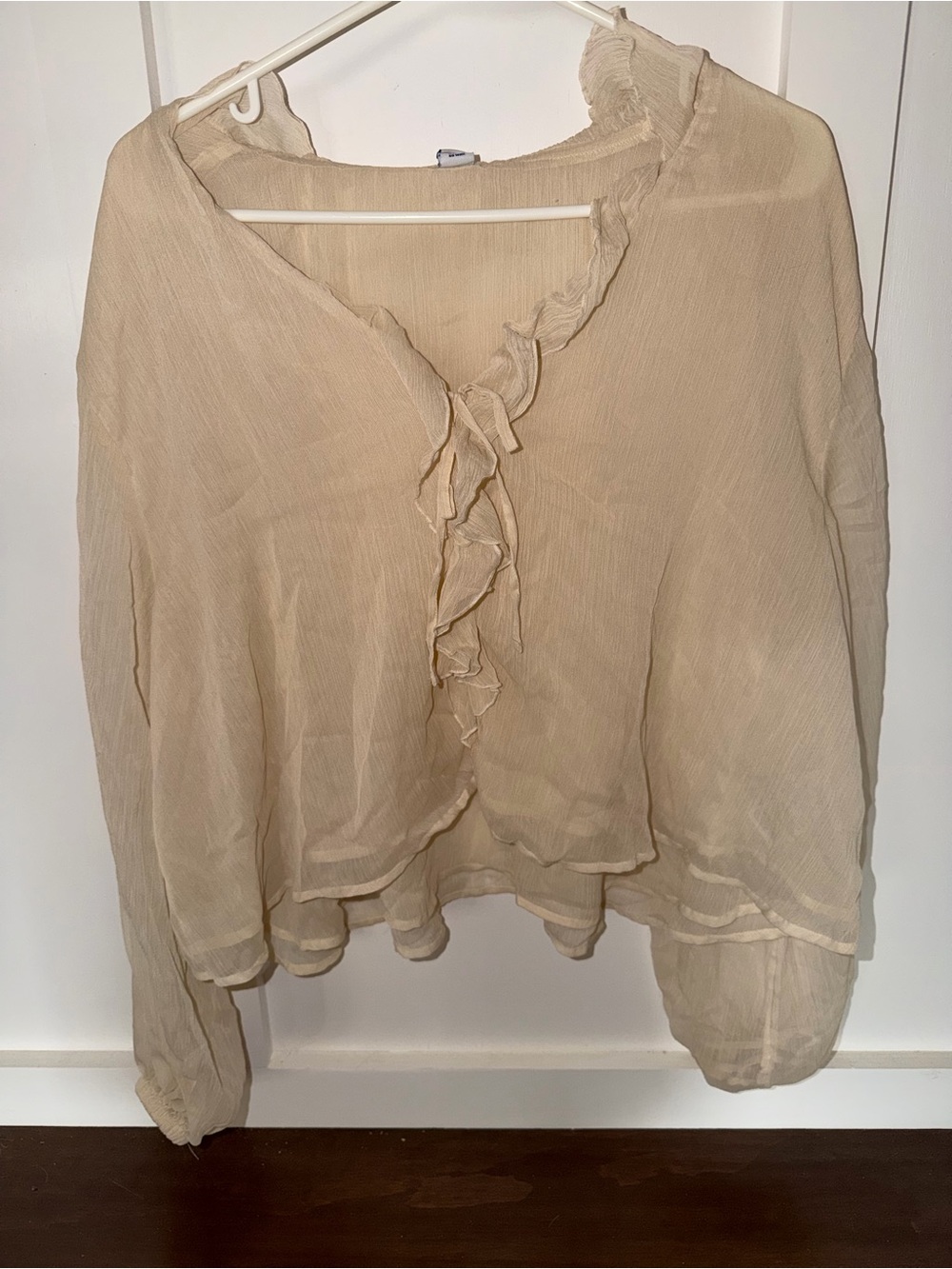 Old Navy Cream Ruffle Front Sheer Blouse